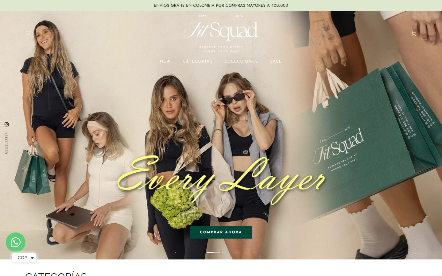 Sitio web de FitSquad: tienda online de ropa deportiva femenina en Colombia